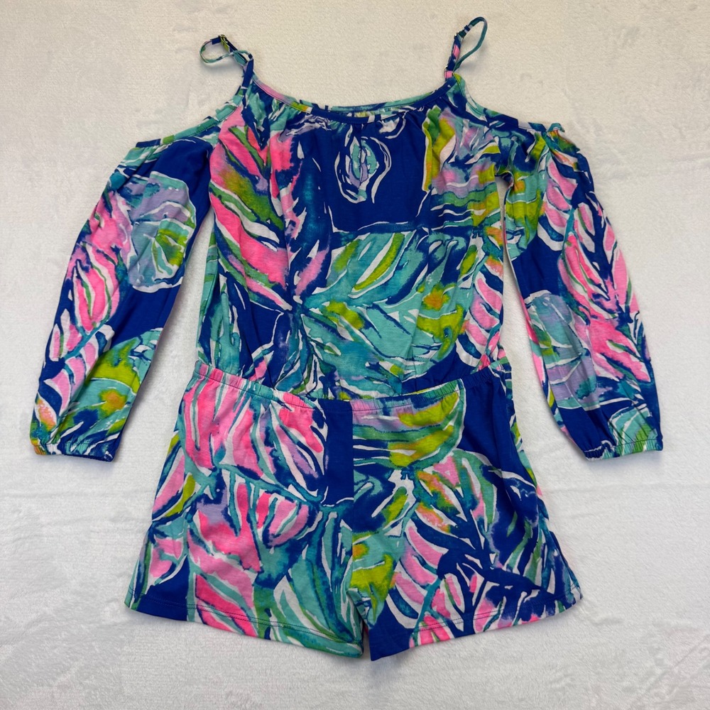 Lilly Pulitzer Blue Pink Tropical Leaf Cold Shoulder Romper Size L 8-10 NWOT